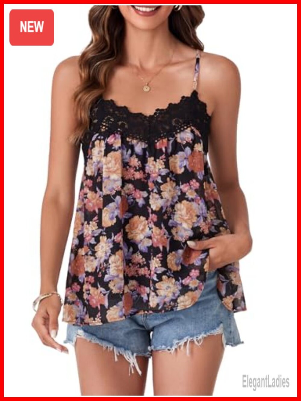 Flowy V-Neck Spaghetti Strap Lace Trim Peplum Ruffle Tank Top
